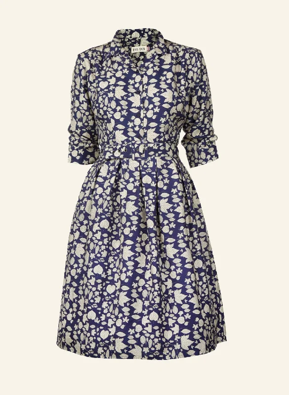 Cynthia Dress - Navy Autumn Leaves