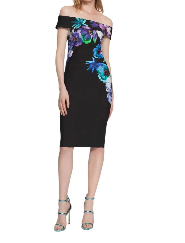 Off-Shoulder Floral Bodycon Dress In Black/multi