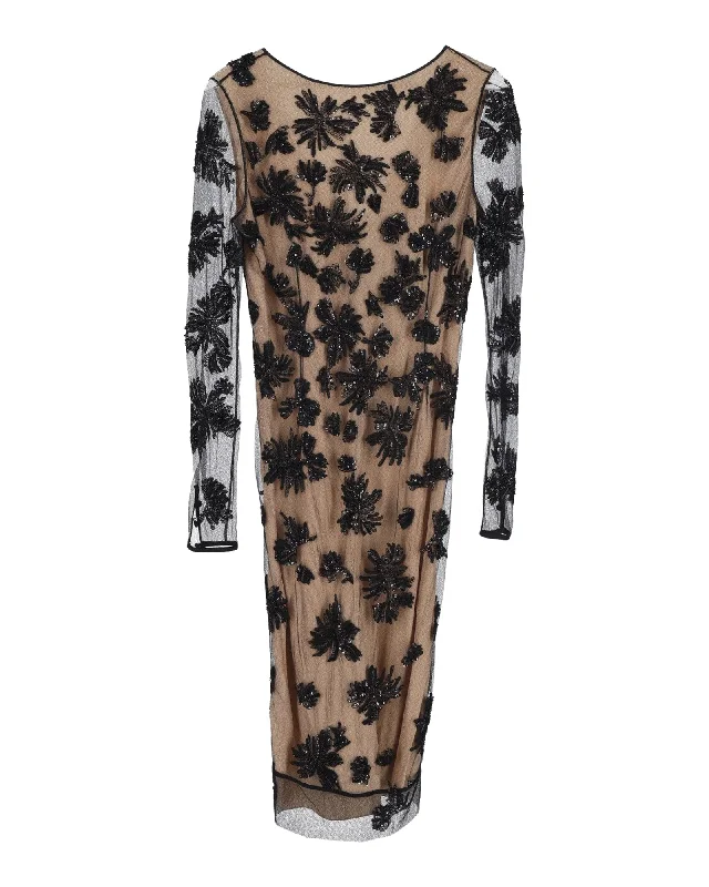 Jason Wu Embellished Sheer Sleeve Dress in Beige Polyester