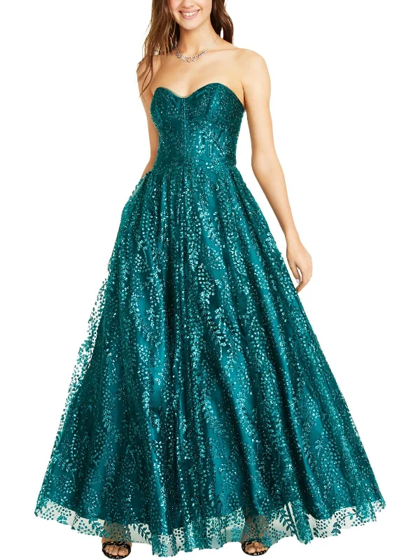 Juniors Womens Sequined Strapless Evening Dress