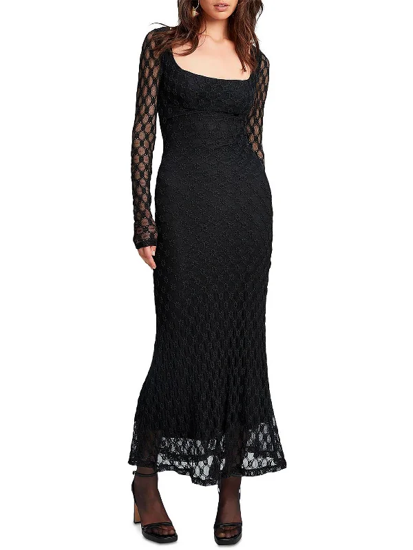 Womens Lace Overlay Tea Length Sheath Dress