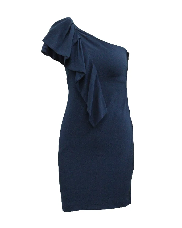 Maje One Shoulder Ruffled Dress in Navy Blue VIscose