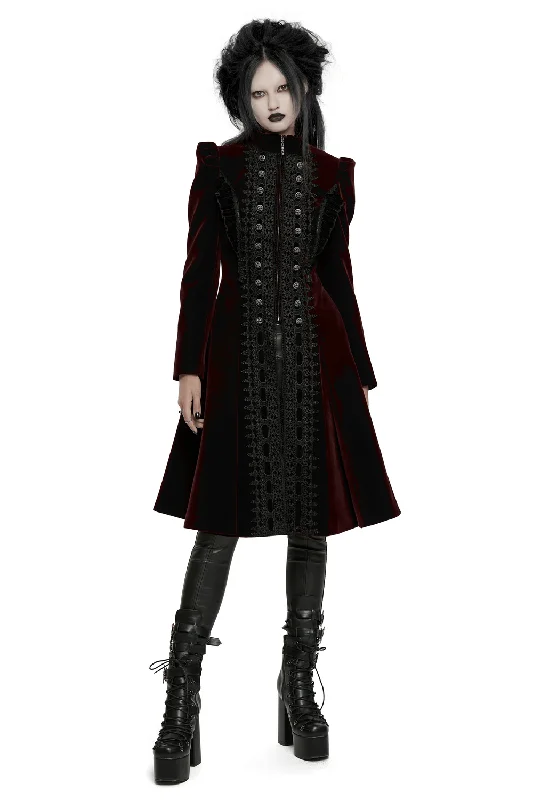 Elegant Velvet Gothic Coat with Lace and Ruffle Details