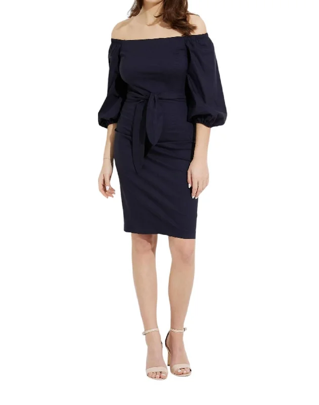 Off-Shoulder Belted Sheath Dress In Midnight Blue