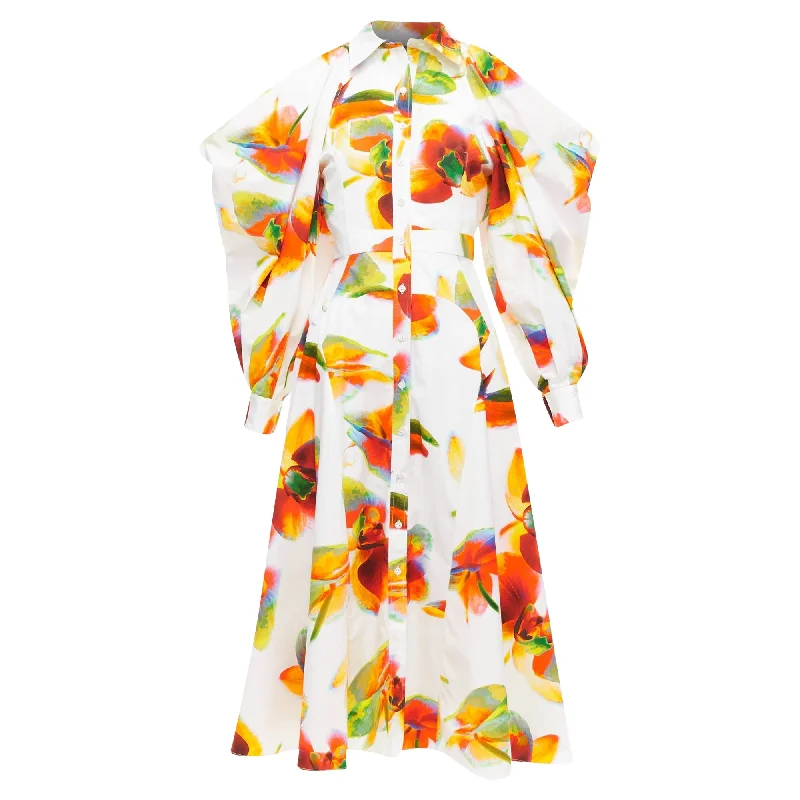 Alexander McQueen Solarised Orchid floral slash shoulder dress