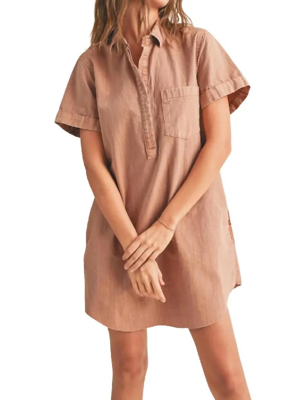 Washed Short Sleeve Shirt Dress In Mocha