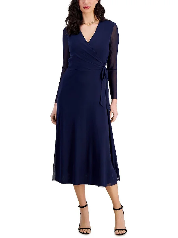 Womens Faux Wrap Office Midi Dress