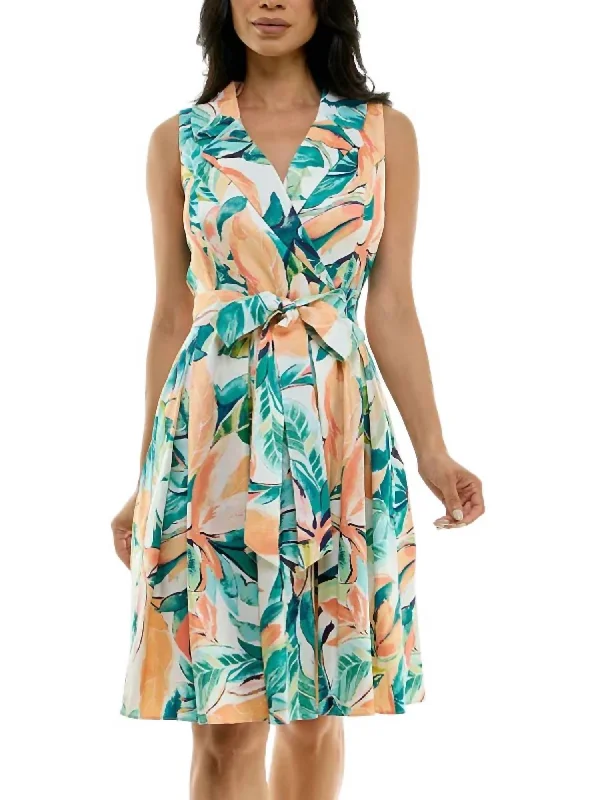 Floral Print Tie Waist Collared Dress In Aqua Multi