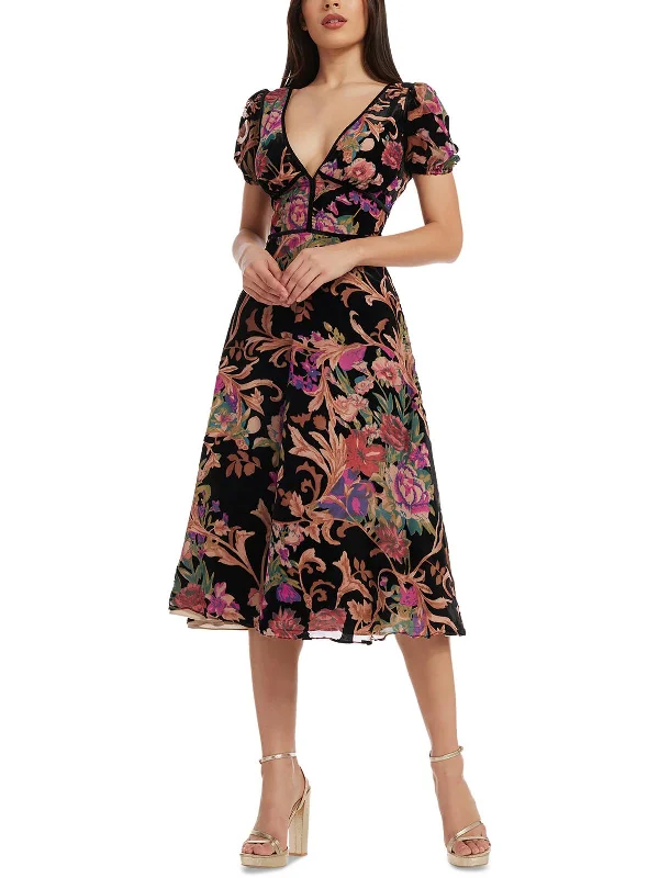 Womens Velvet Floral Fit & Flare Dress