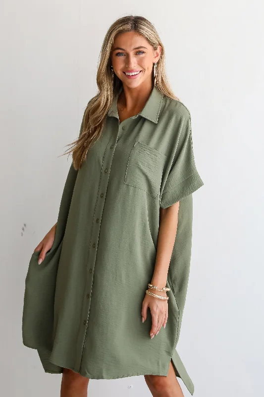 FINAL SALE - Composed Persona Green Button Front Midi Dress