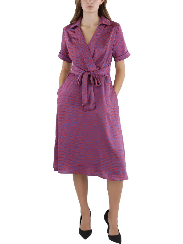 Petites Womens Printed Polyester Wrap Dress