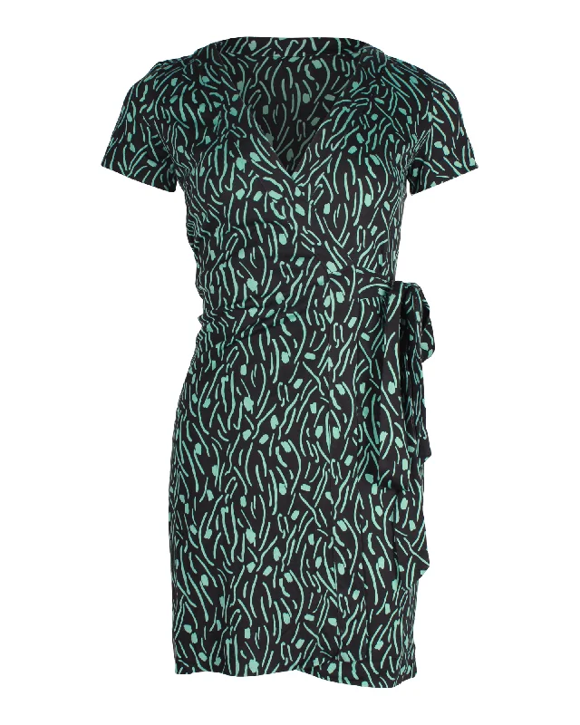 Diane Von Furstenberg Printed Wrap Mini Dress in Teal Silk