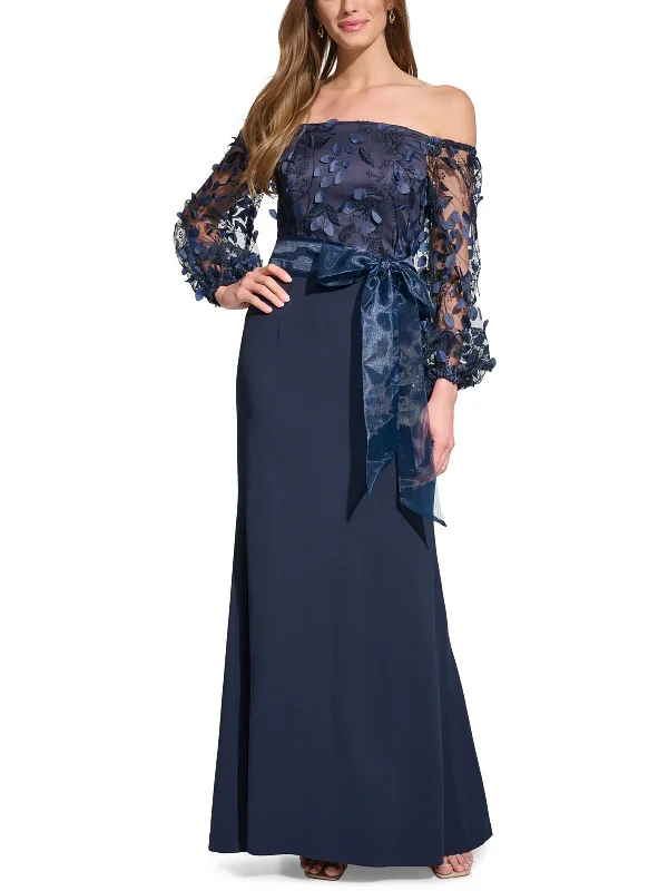 Petites Womens Off-The-Shoulder Long Evening Dress