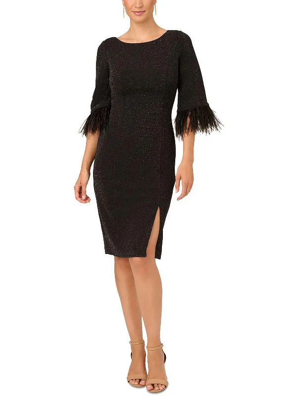 Womens Metallic Feather Trim Cocktail And Party Dress