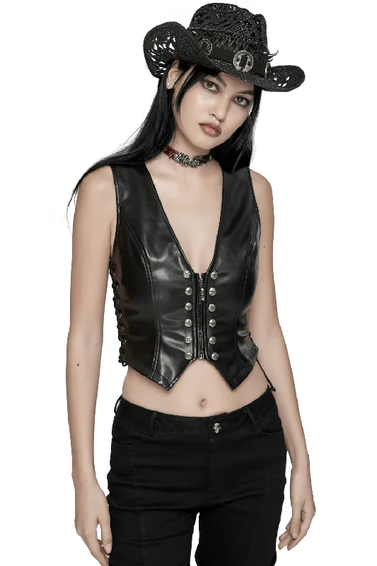 Women's Black Faux Leather Punk Vest Rivets Detail