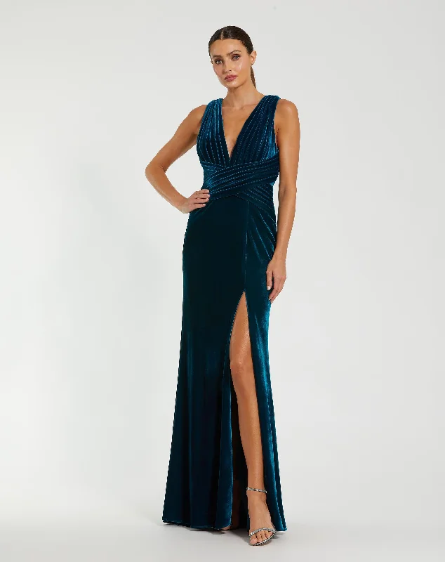 Velvet Pleated Sleeveless Plunge Neckline Gown