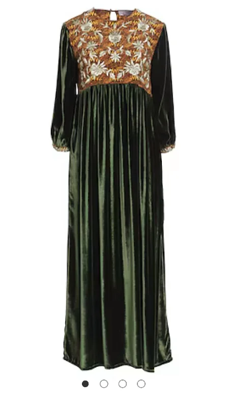 Touba Dress In Green Velvet With Gold Metallic Embroidery