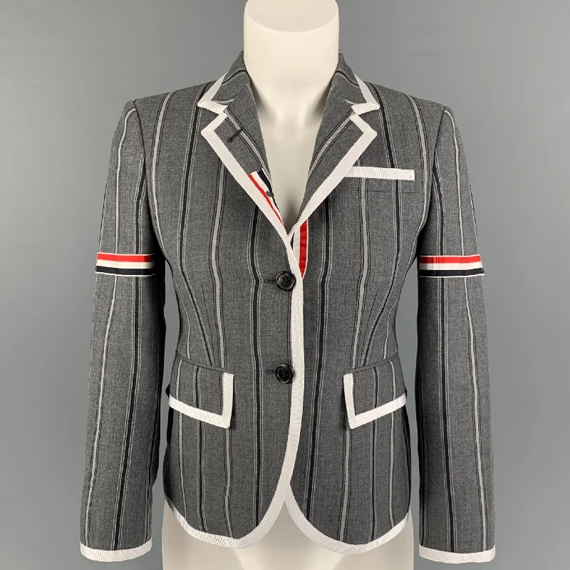 THOM BROWNE Size 2 Gray Charcoal Wool Stripe Cropped Jacket