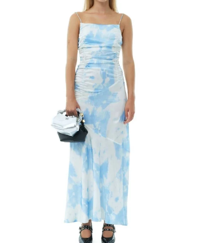 Printed Satin Ruched Long Slip Dress In Powder Blue