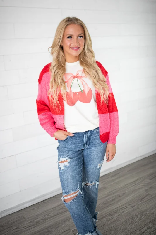 Pink & Red Striped Short Cardigan