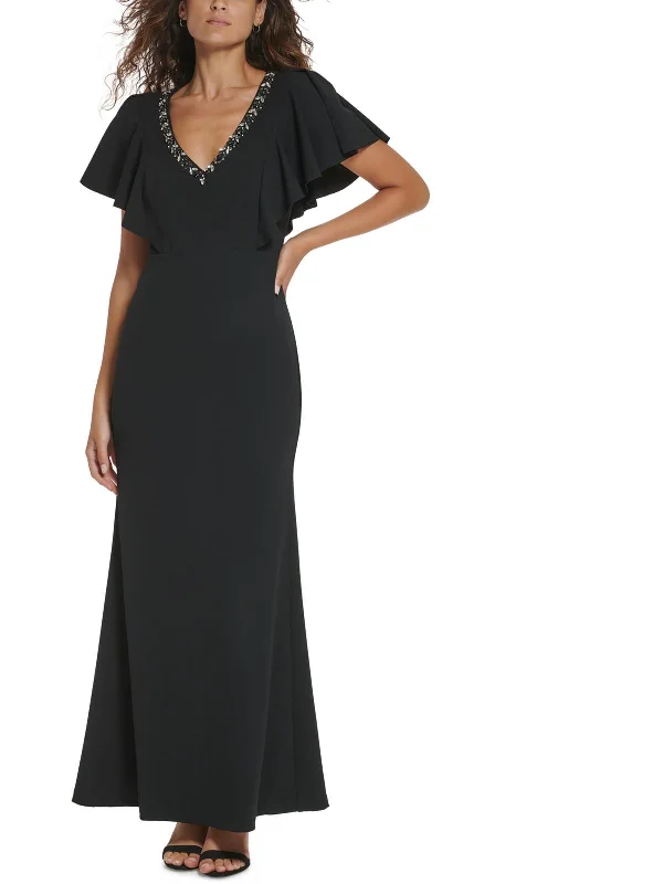 Womens Beaded V-Neck Evening Dress