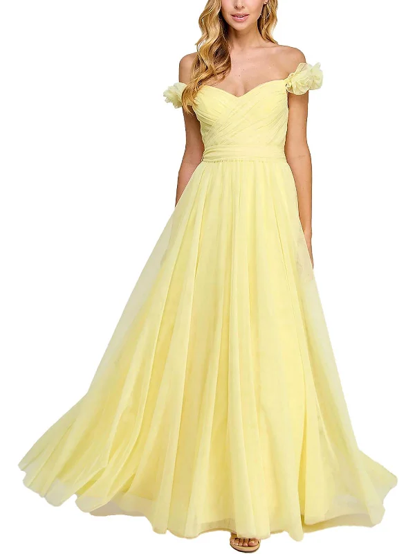 Juniors Womens Tulle Rosette Evening Dress