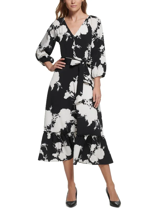 Womens Printed V-Neck Midi Dress