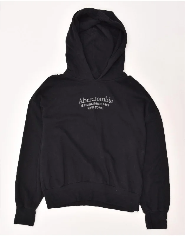 ABERCROMBIE & FITCH Womens Graphic Hoodie Jumper UK 16 Large Black Cotton