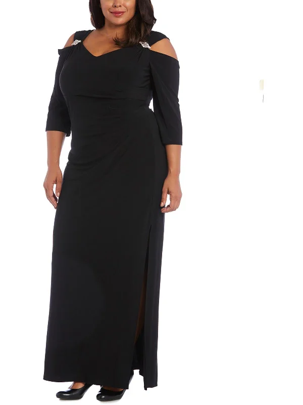 Plus Womens Cold Shoulder Embellished Evening Dress