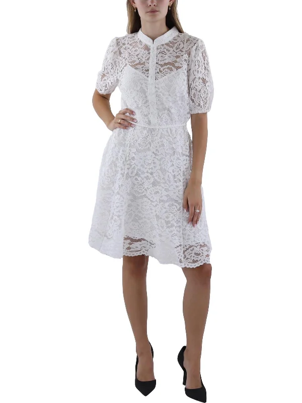 Petites Womens Belted Lace Fit & Flare Dress