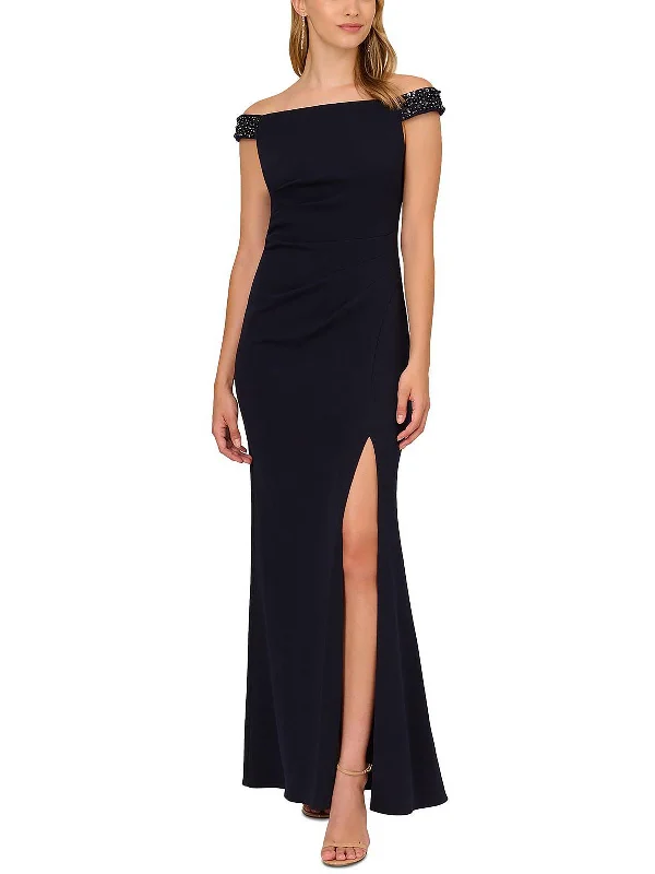 Womens Beaded Off-The-Shoulder Evening Dress