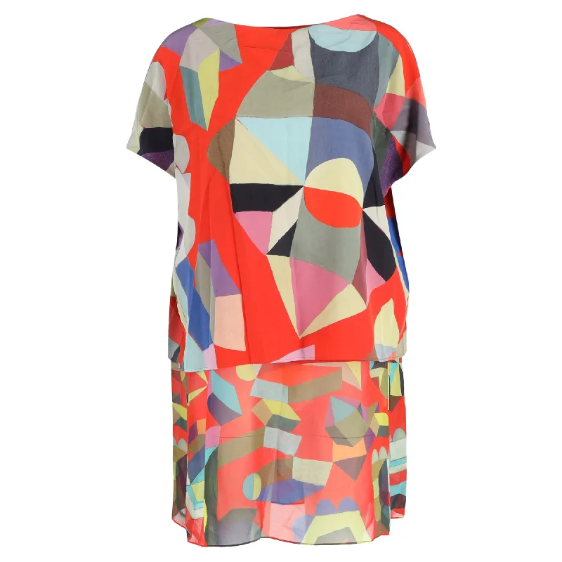 Akris Printed Mini Layered Loose Dress in Multicolor Silk