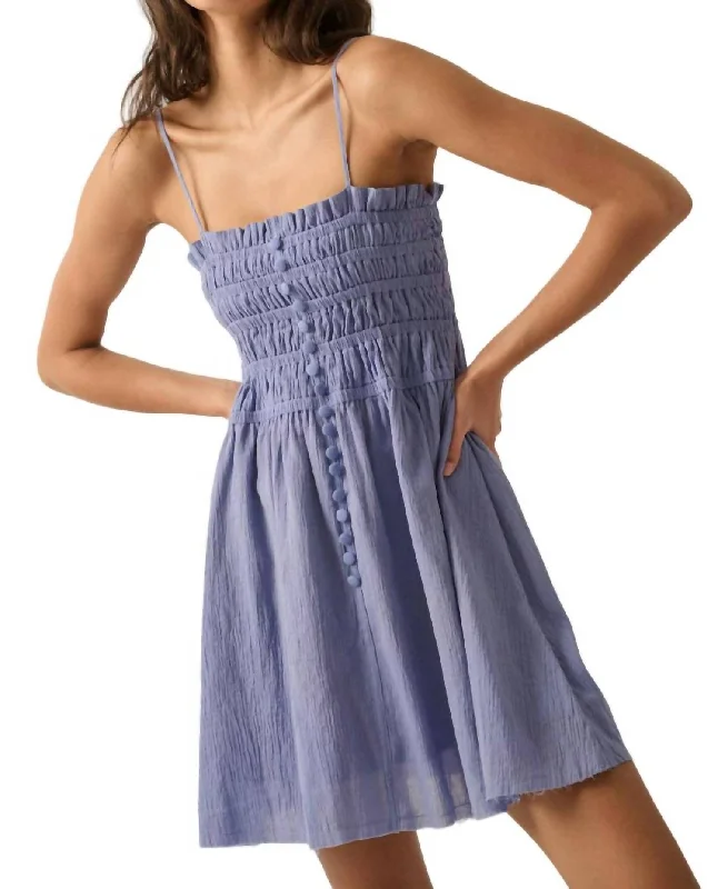 Straight-Neck Gathered-Bodice Mini Dress In Violet Blue