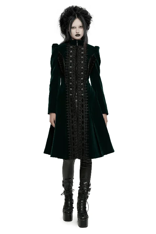 Green Velvet Gothic Coat with Lace and Ruffle Details