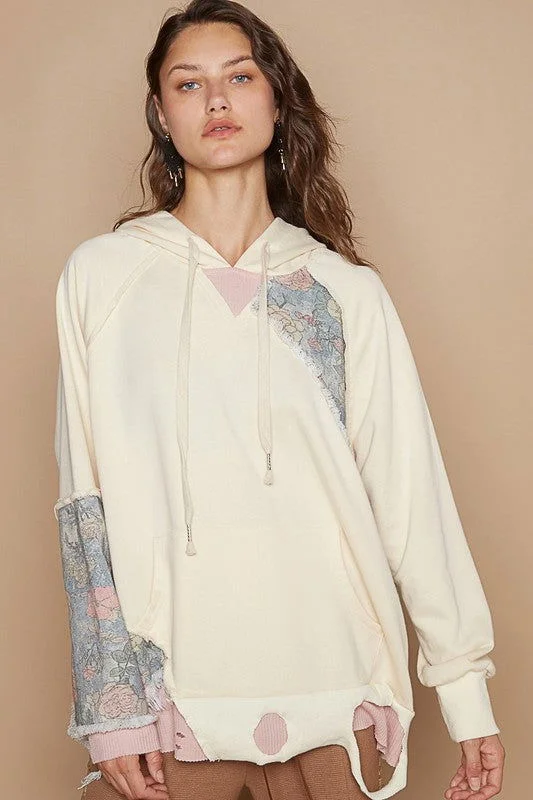 POL Floral Patchwork Distressed Drawstring Hoodie - Cream