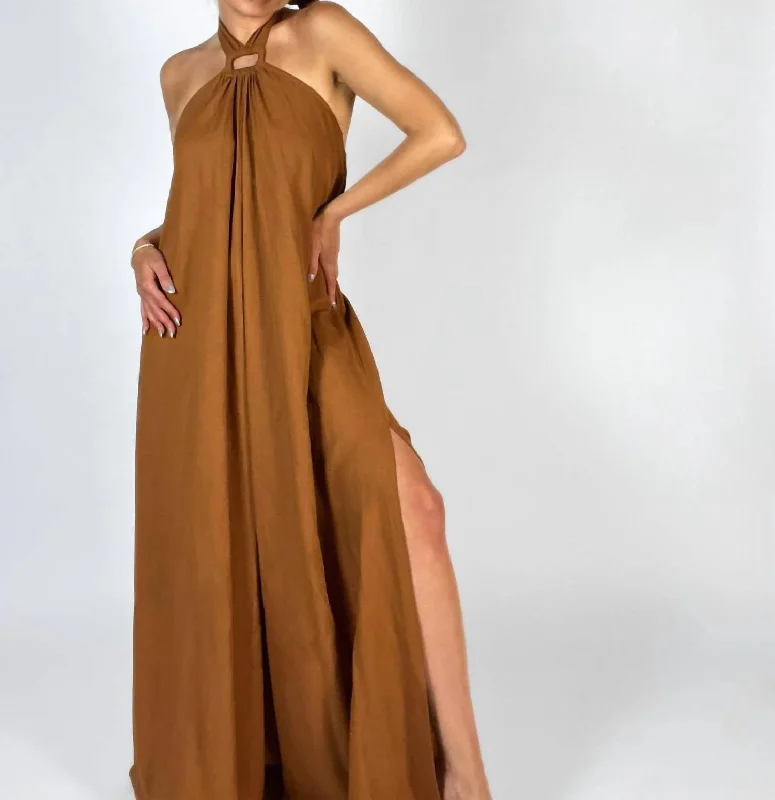 Backless Halter Dress In Brown