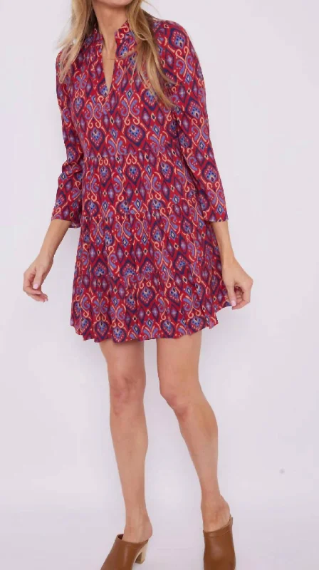 Crimson Ikat Long Sleeve Tunic Flare Dress In Red