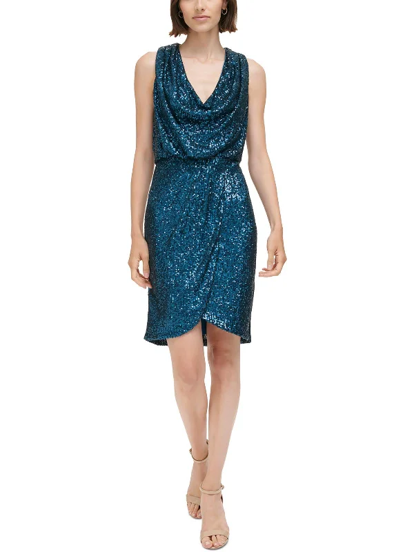 Womens Sequiend Cowl Neck Cocktail And Party Dress