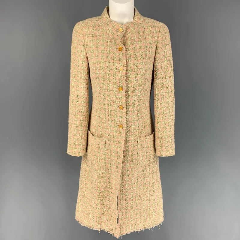 CHANEL 2005 Size 4 Pink Light Green Pink Boucle Cotton Blend Houndstooth Coat