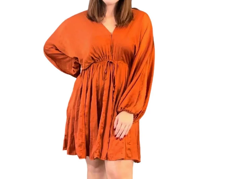 Kimono Sleeve V Neck Dress In Rust