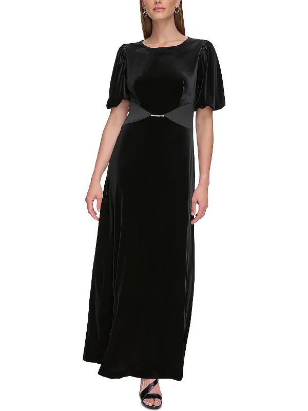 Womens Velvet Puff Sleeve Evening Dress