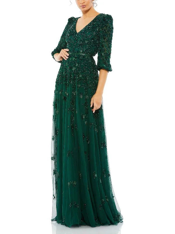 Womens Embellished V-Neck Evening Dress