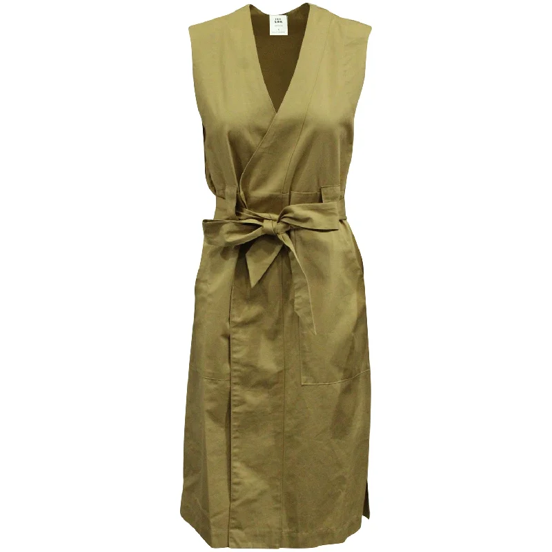 Iris & Ink Belted Sleeveless Dress in Khaki Cotton