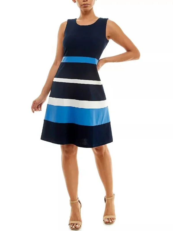 Sleeveless Jewel Neck Colorblock Dress In Navy/waterfall/ivory