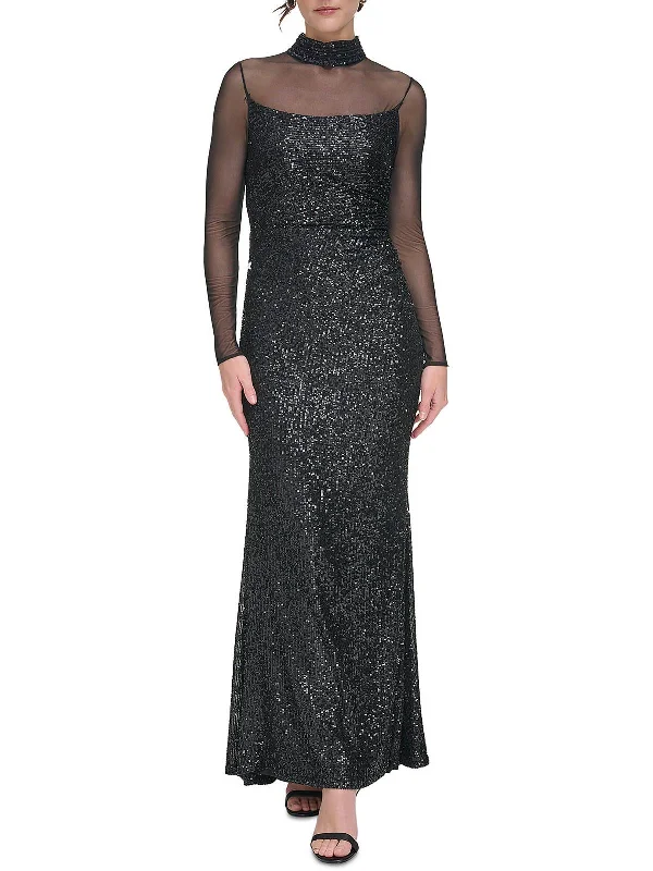 Womens Sequined Illusion Evening Dress