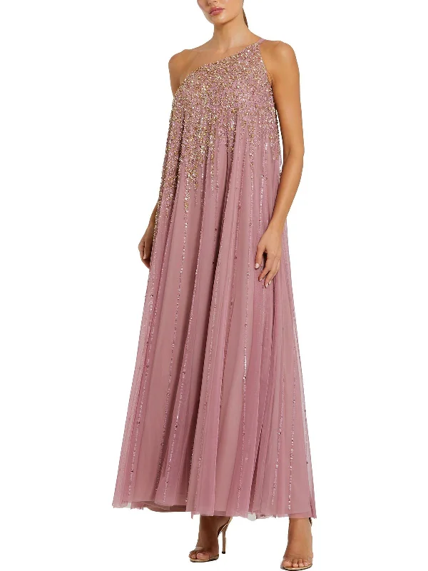 Womens Embellished One Shoulder Evening Dress