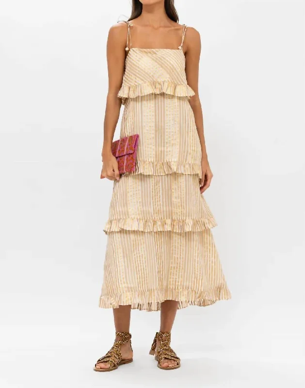 Strap Ruffle Midi Dress In Samoa Tan Gold