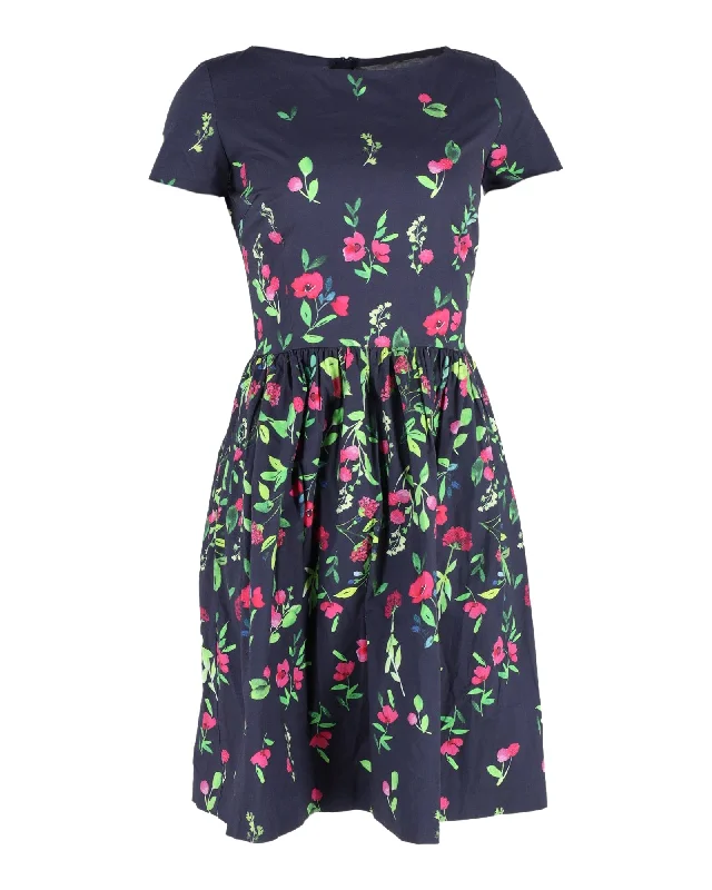 Oscar De La Renta Printed Dress in Navy Blue Cotton