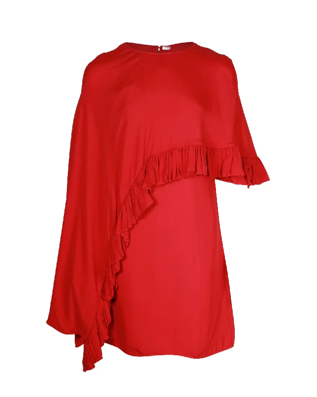 Valentino Spa Asymmetric Ruffle Cape Dress in Red Viscose