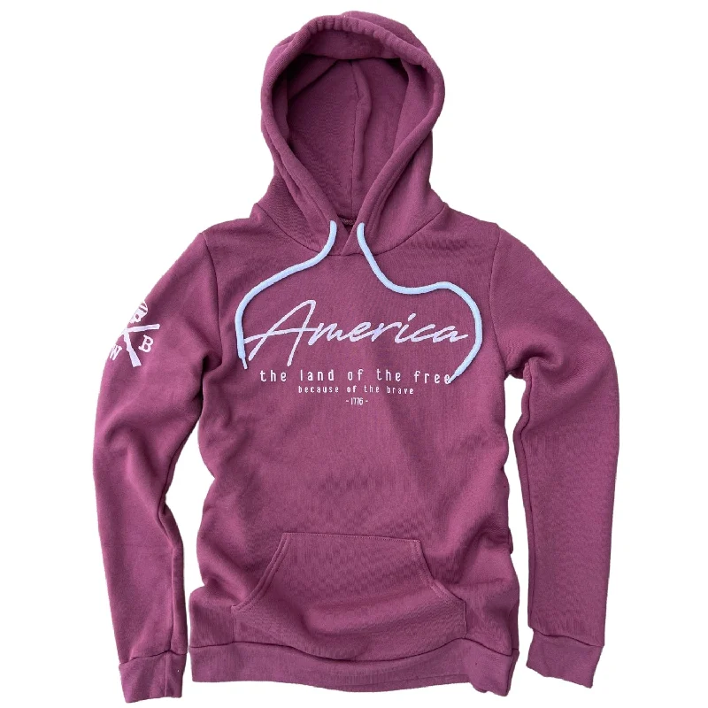 Women's Vintage America Home Of The Brave Patriotic Hooded Sweatshirt (Wine)